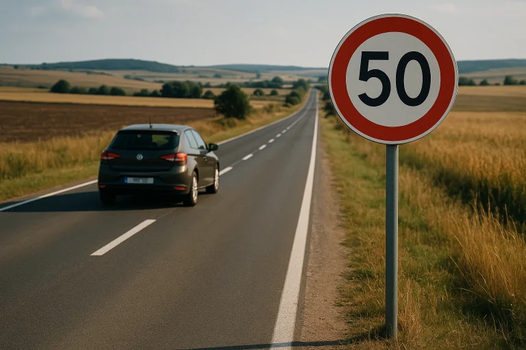 Indicator de limită de viteză pe un drum din România